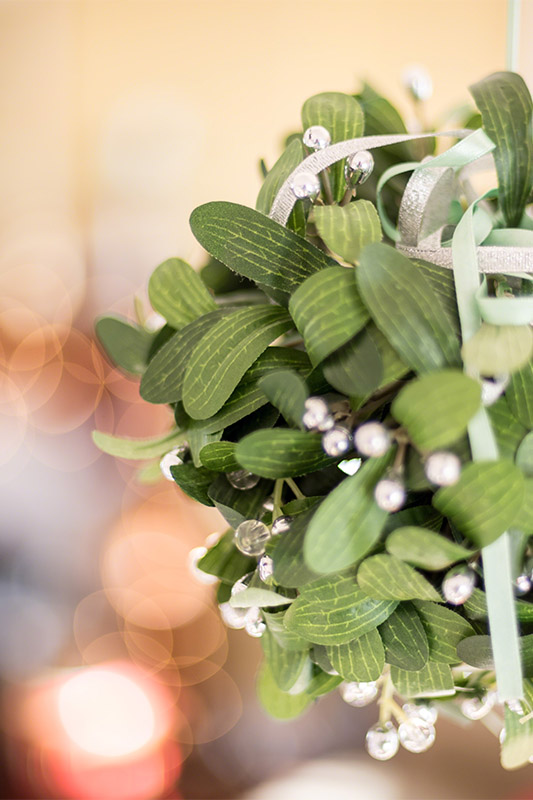 mistletoe hanging in house with fireplace blurred in background